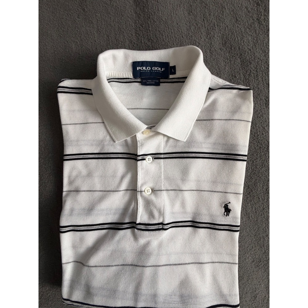 Polo Golf Ralph Lauren Mens Large White/Black Striped Pima Cotton Polo Shirt EUC